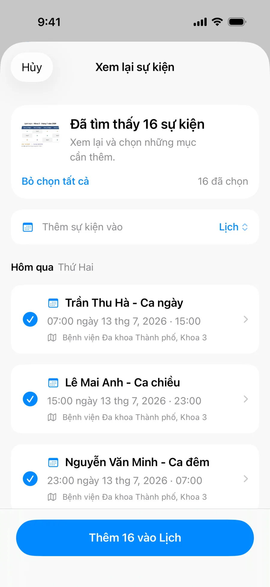 Lumical xem lại theo loạt, hiển thị cả tuần ca làm được trích xuất từ một ảnh lịch trực