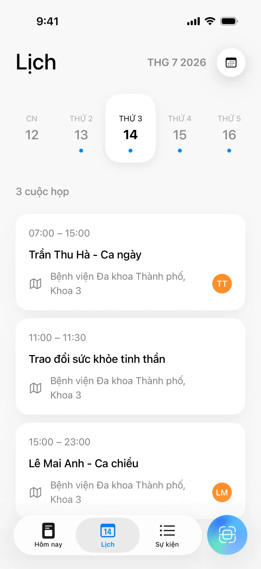 Giao diện lịch Lumical với lịch trình và điều hướng hằng ngày