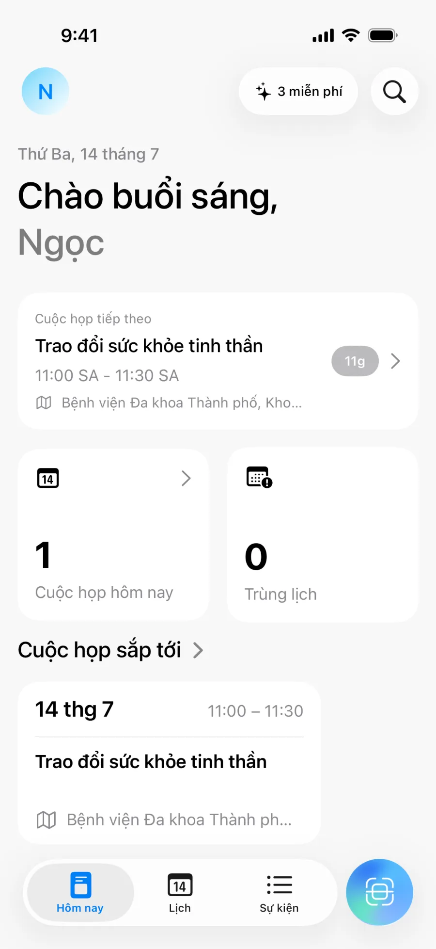 Màn hình chính Lumical với tổng quan trong ngày và số lượng xung đột
