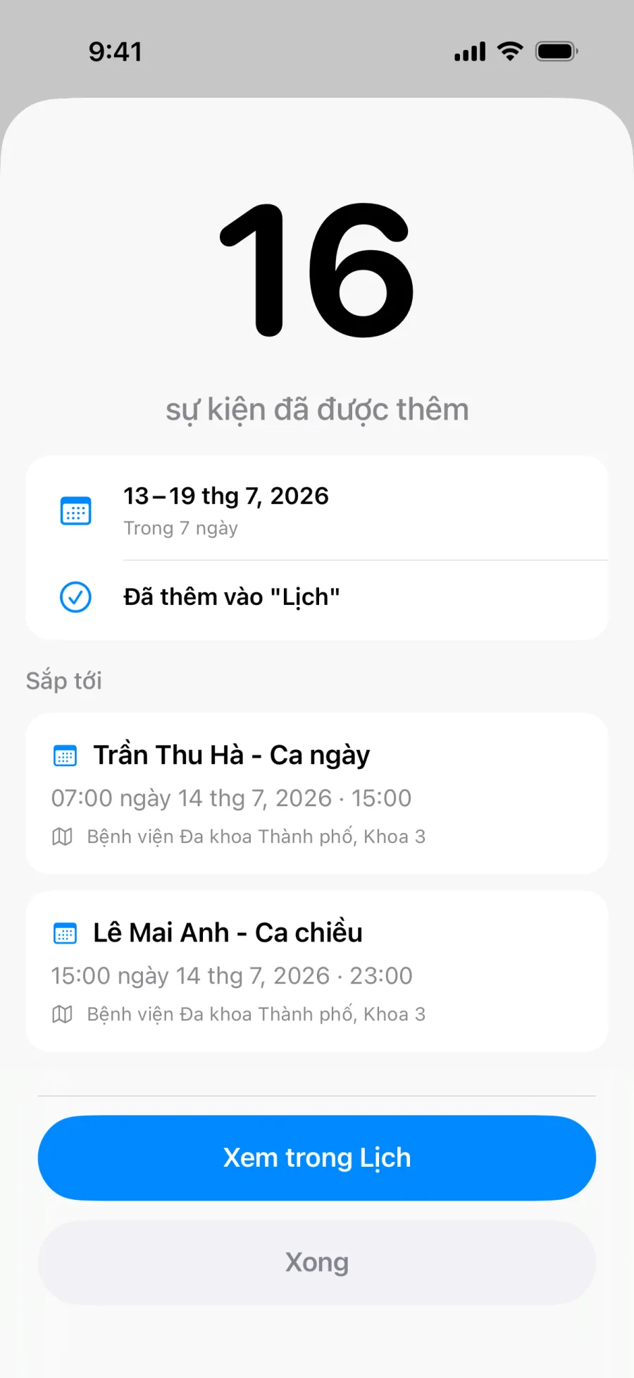 Màn hình thành công của Lumical sau khi lưu cả loạt sự kiện